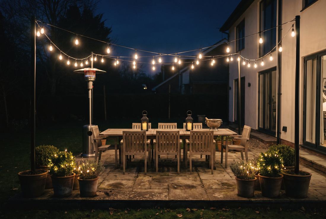 A terrace lit for New Year's Eve.