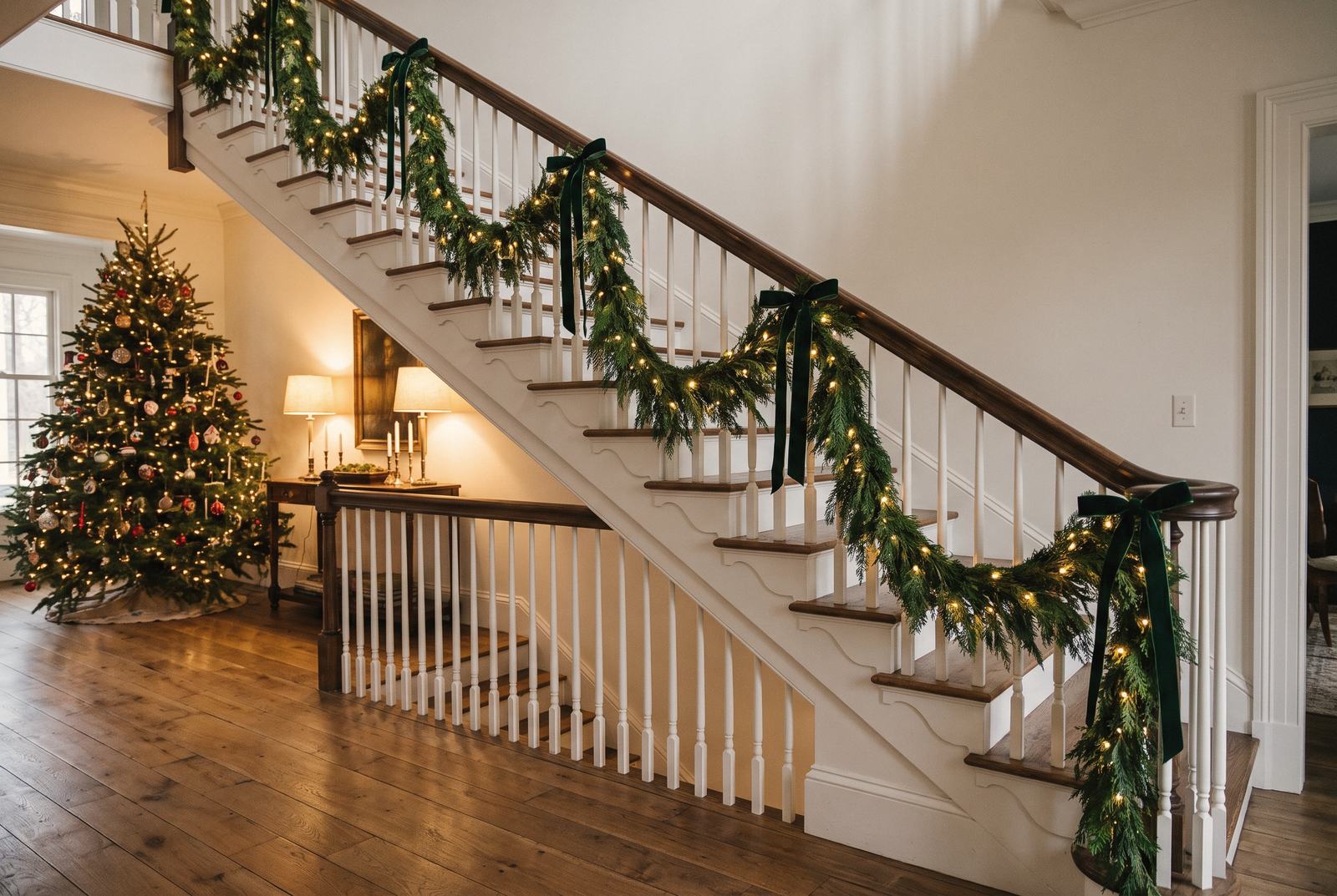 A staircase garland in five swags.