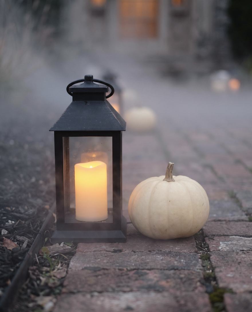 Lantern and ivory pumpkin, low fog.
