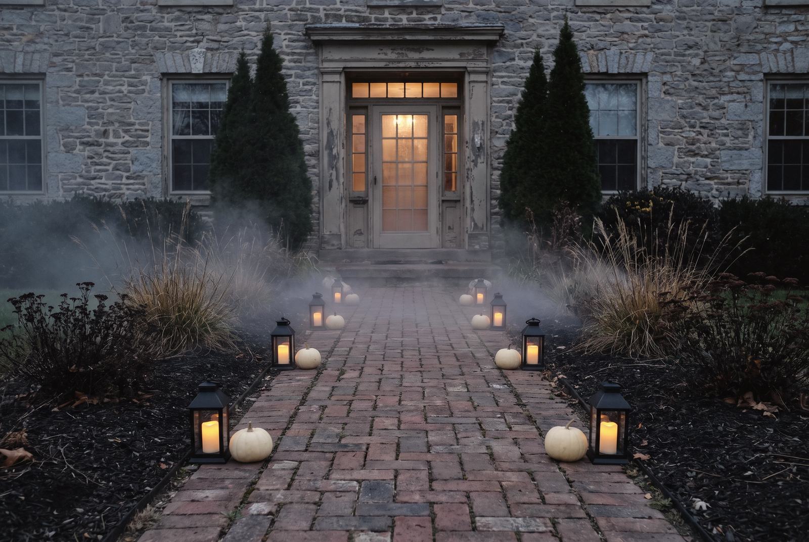 A brick walk lit as a processional.