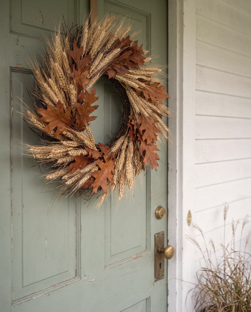 Wheat and oak leaves on a sage door.