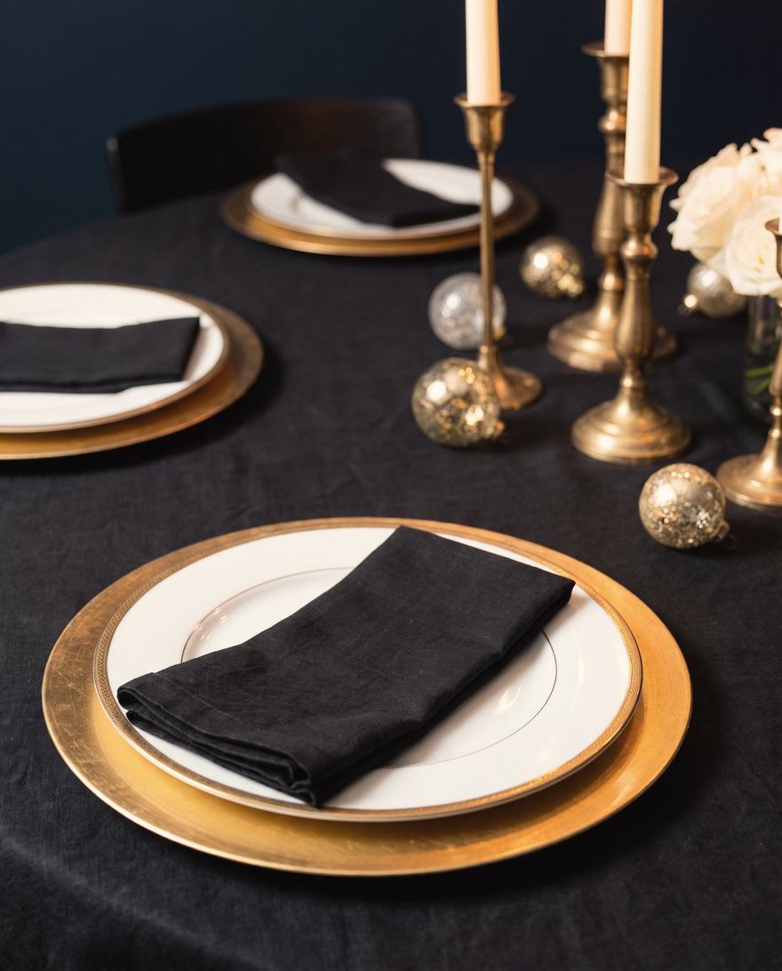Gold charger, black linen, brass.