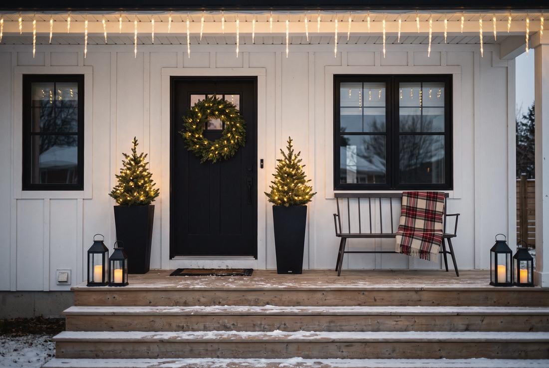 A modern farmhouse porch at dusk in December.