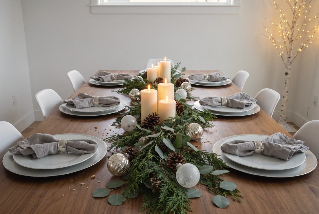 A Christmas supper table in silver and green.