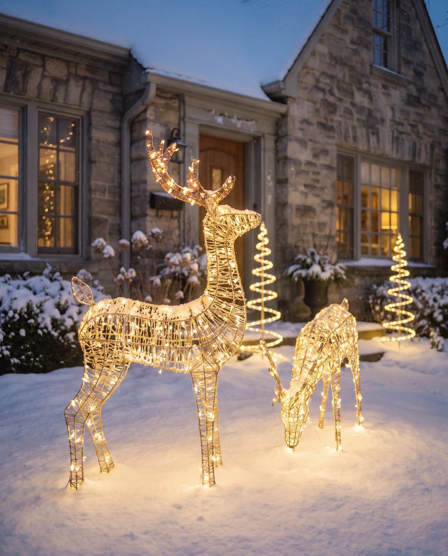 The lit deer on the left lawn.