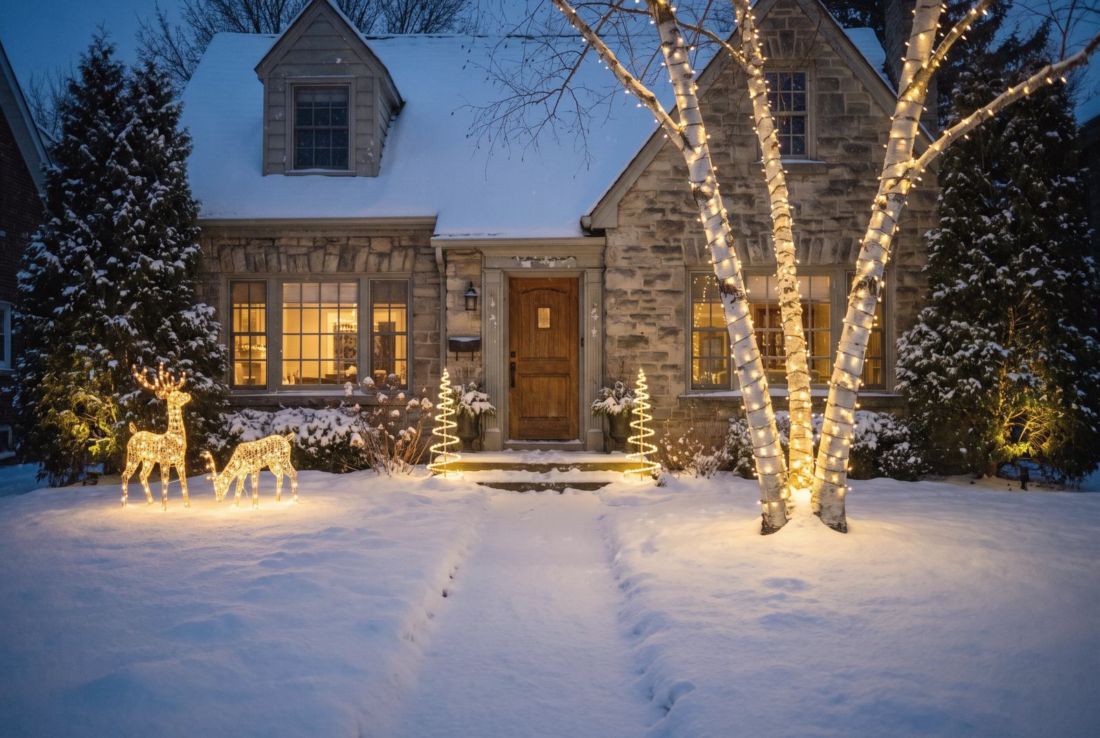 A snowy garden lit as a winter scene.