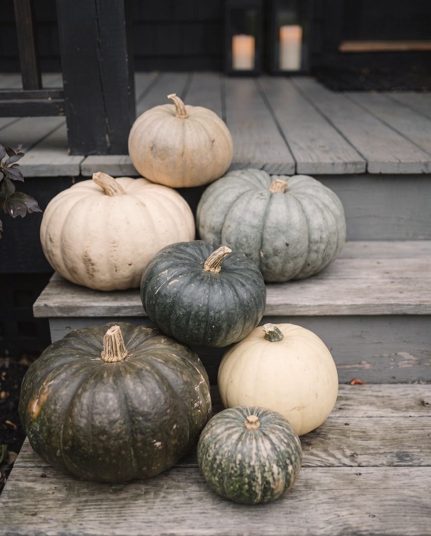 Heirloom pumpkins in ivory, slate and green.