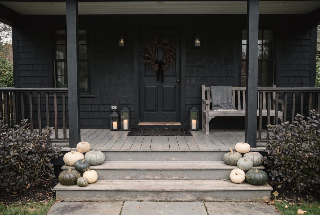 A black shingle porch dressed only in mineral tones.