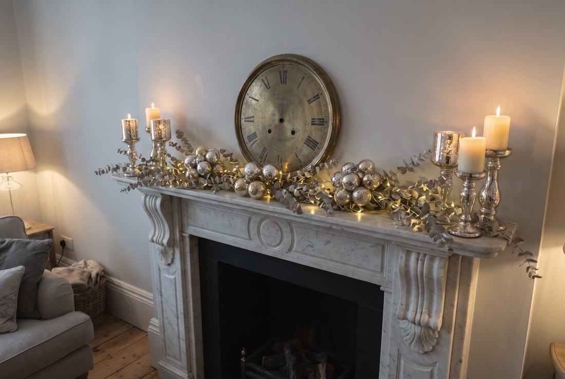 A white marble mantel for New Year's Eve.