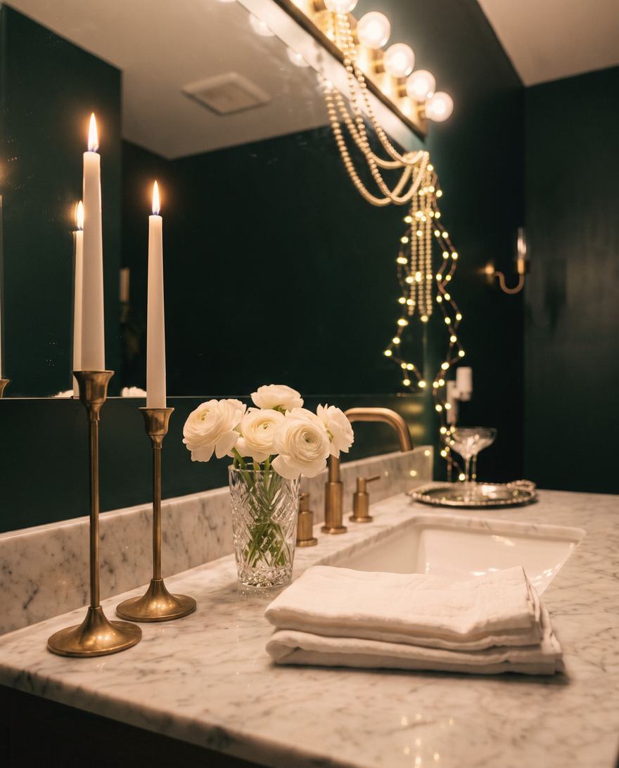 Brass, white tapers and ranunculus on the vanity.