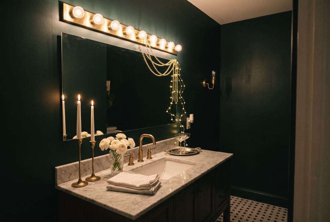 A powder room lit like a dressing room on opening night.