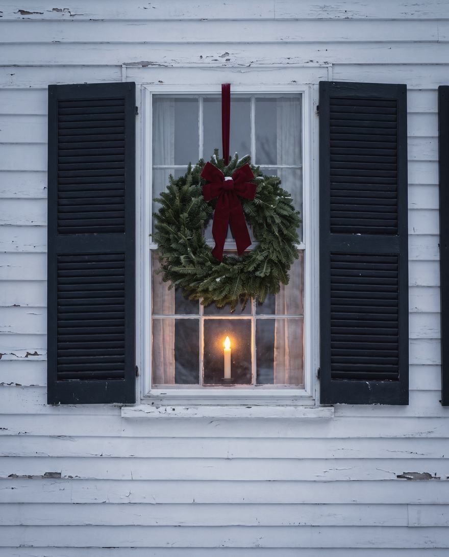One window: wreath, velvet, candle.