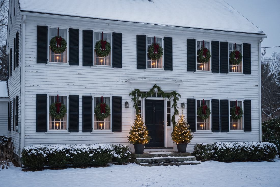A Federal colonial with a wreath in every window.