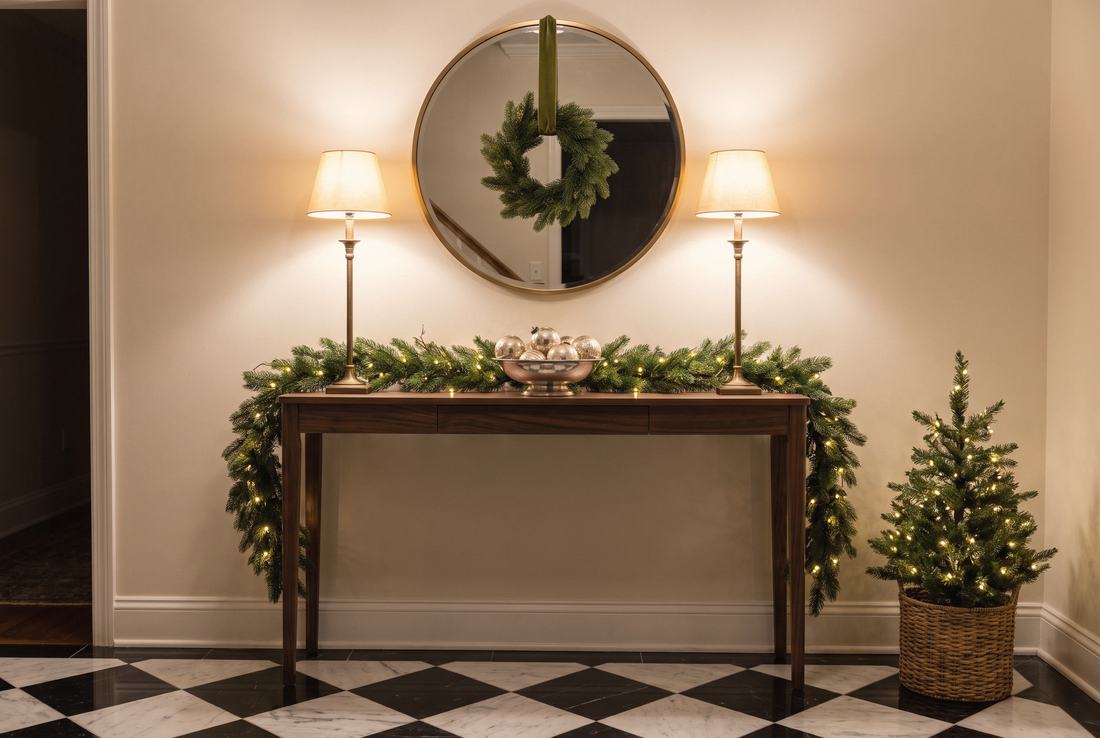 A foyer console dressed for Christmas.