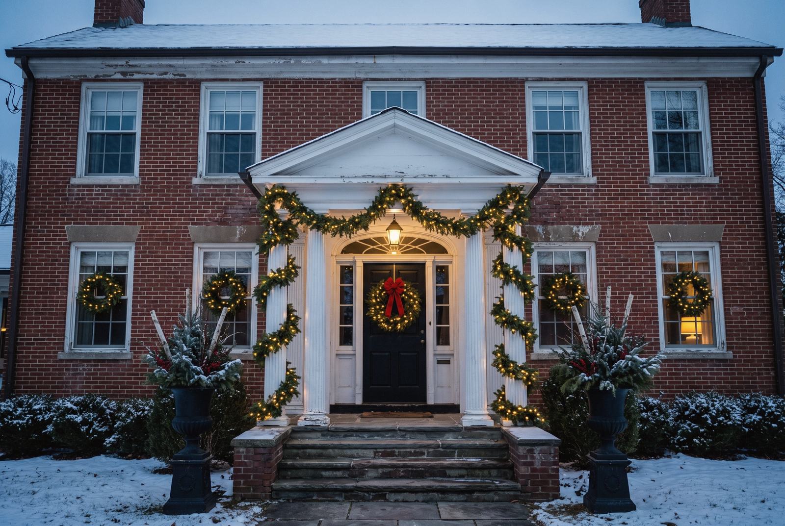 A Georgian portico wrapped in lit garland.