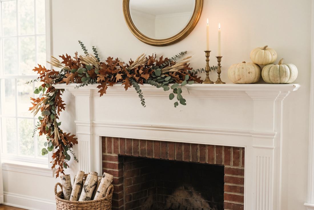 A white mantel with an asymmetrical harvest garland.