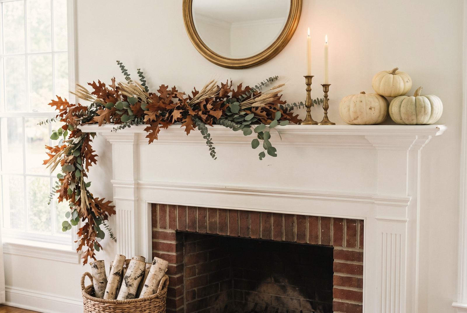 A white mantel with an asymmetrical harvest garland.