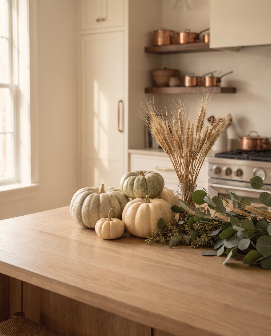 Heirloom pumpkins and wheat at the island's end.