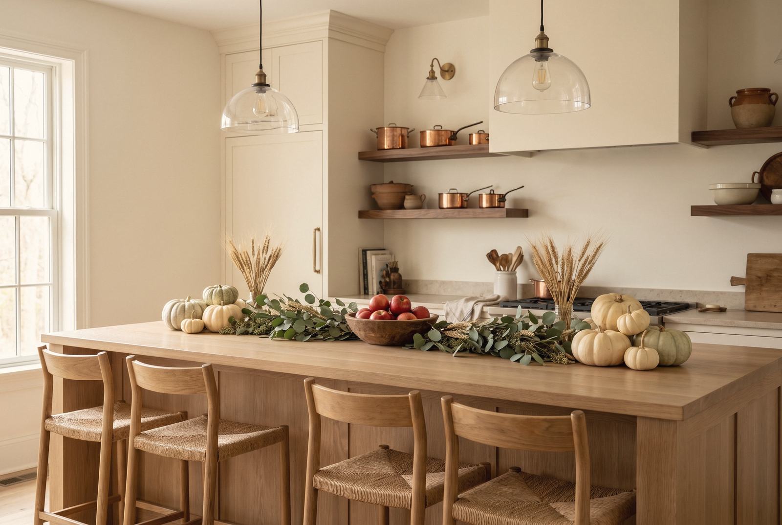 A working kitchen island dressed for Thanksgiving.