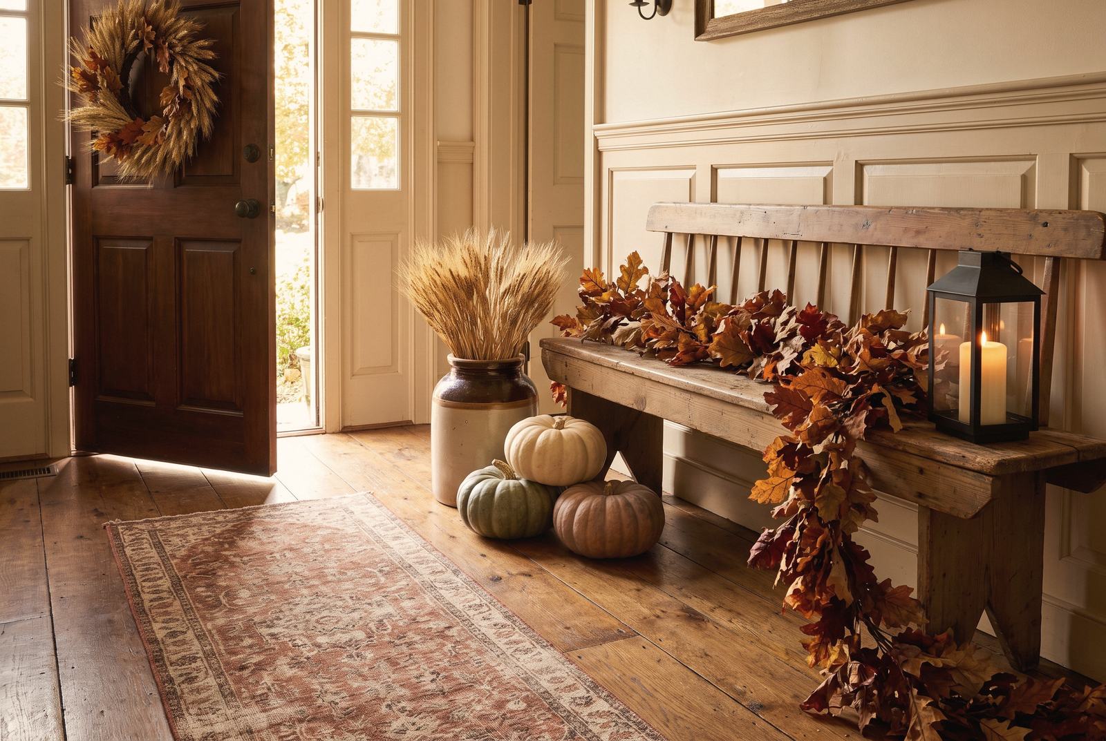 A colonial entry hall at the hour guests arrive, the front door open to late sun.