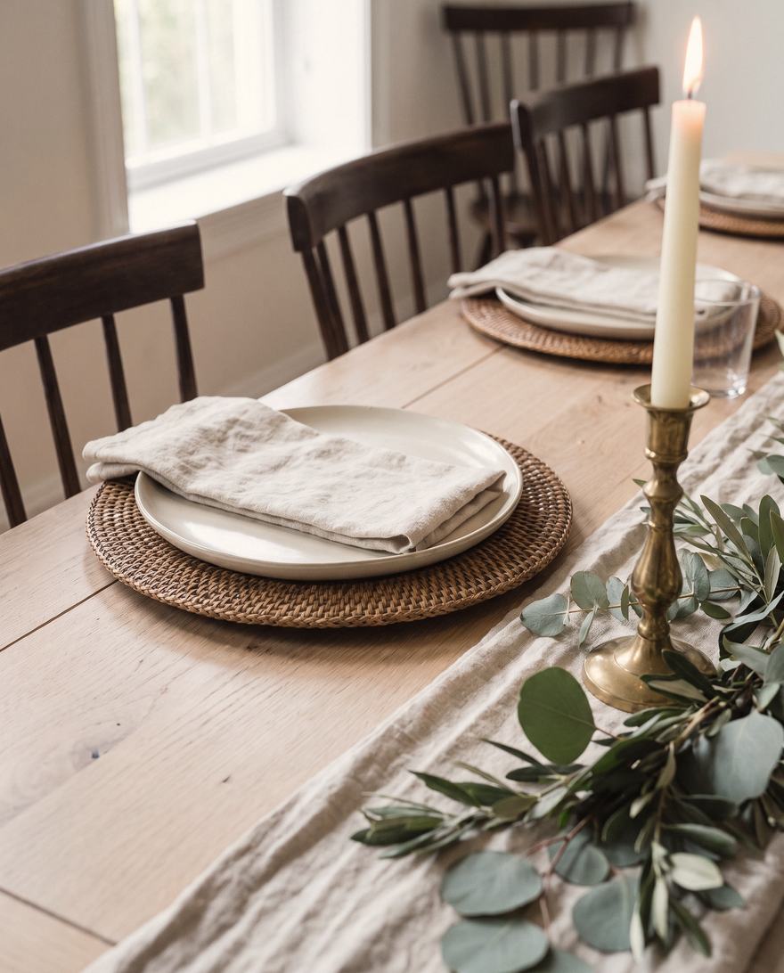 One place: stoneware, rattan, linen.