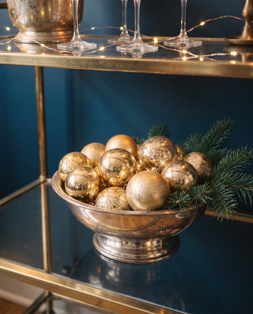 Gold ornaments in a silver bowl.