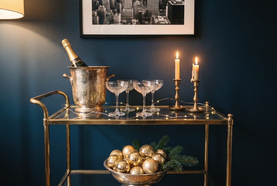 A brass bar cart set for midnight.