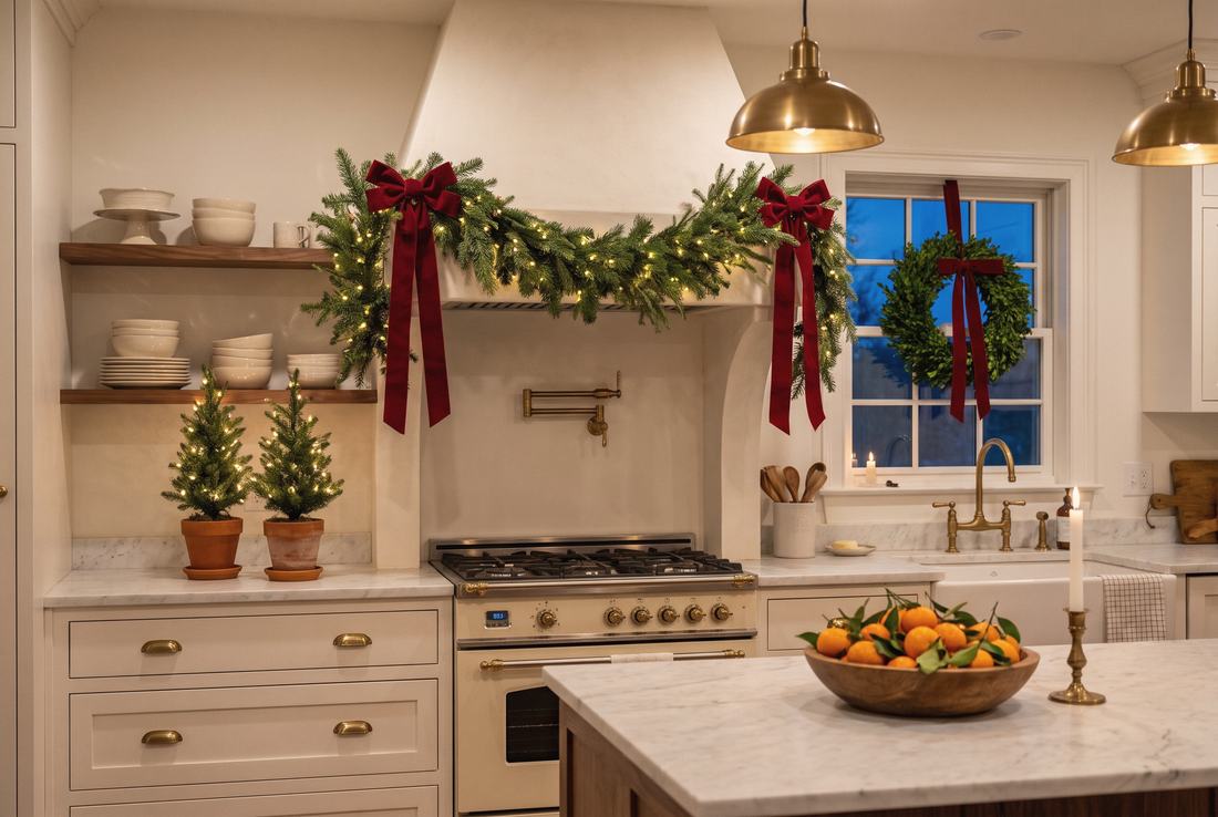 A white kitchen at dusk, its range hood dressed in lit fir and red velvet.