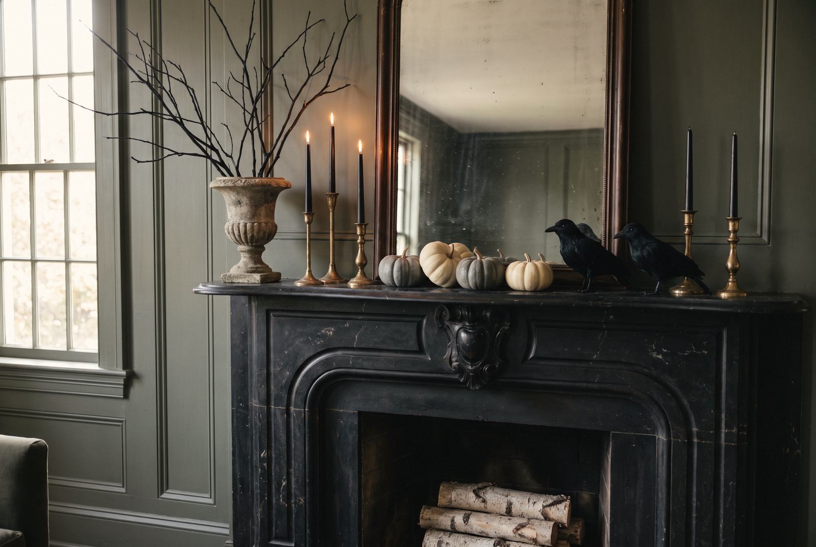 A black marble mantel as a Halloween still life.