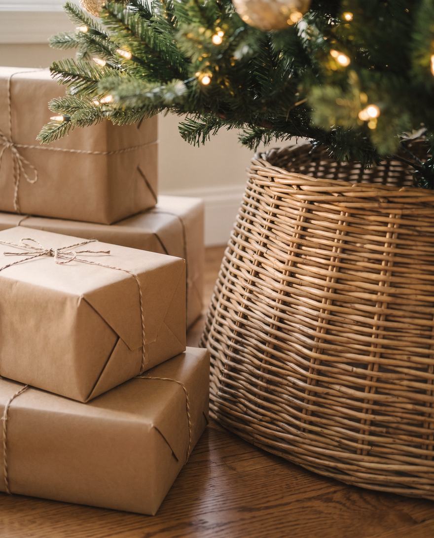 The woven collar and kraft-paper gifts.