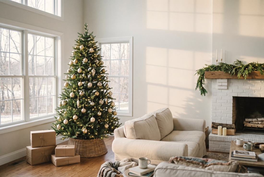 A tree in gold and ivory in a pale living room.