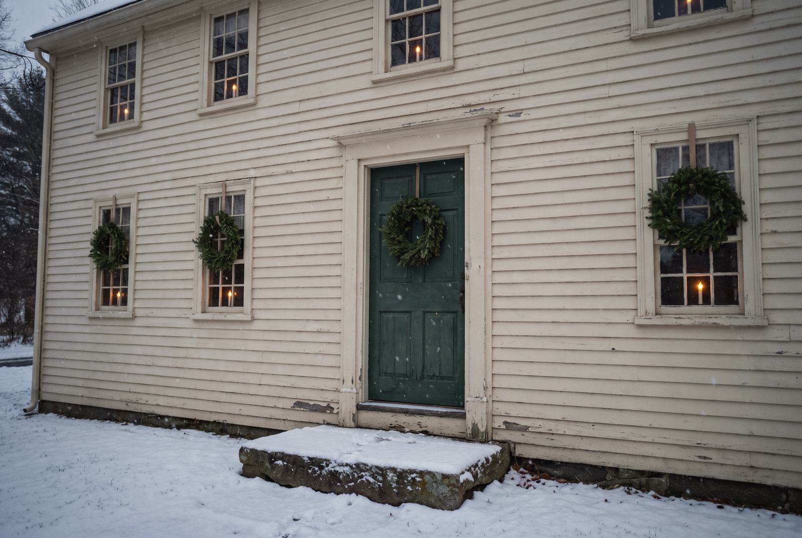 A New England saltbox with a candle in every window.